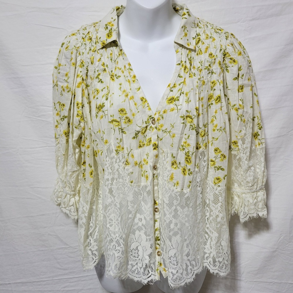 Anthropologie Victorian Lace Yellow Motif Floral Lace Cutwork Blouse Size Small